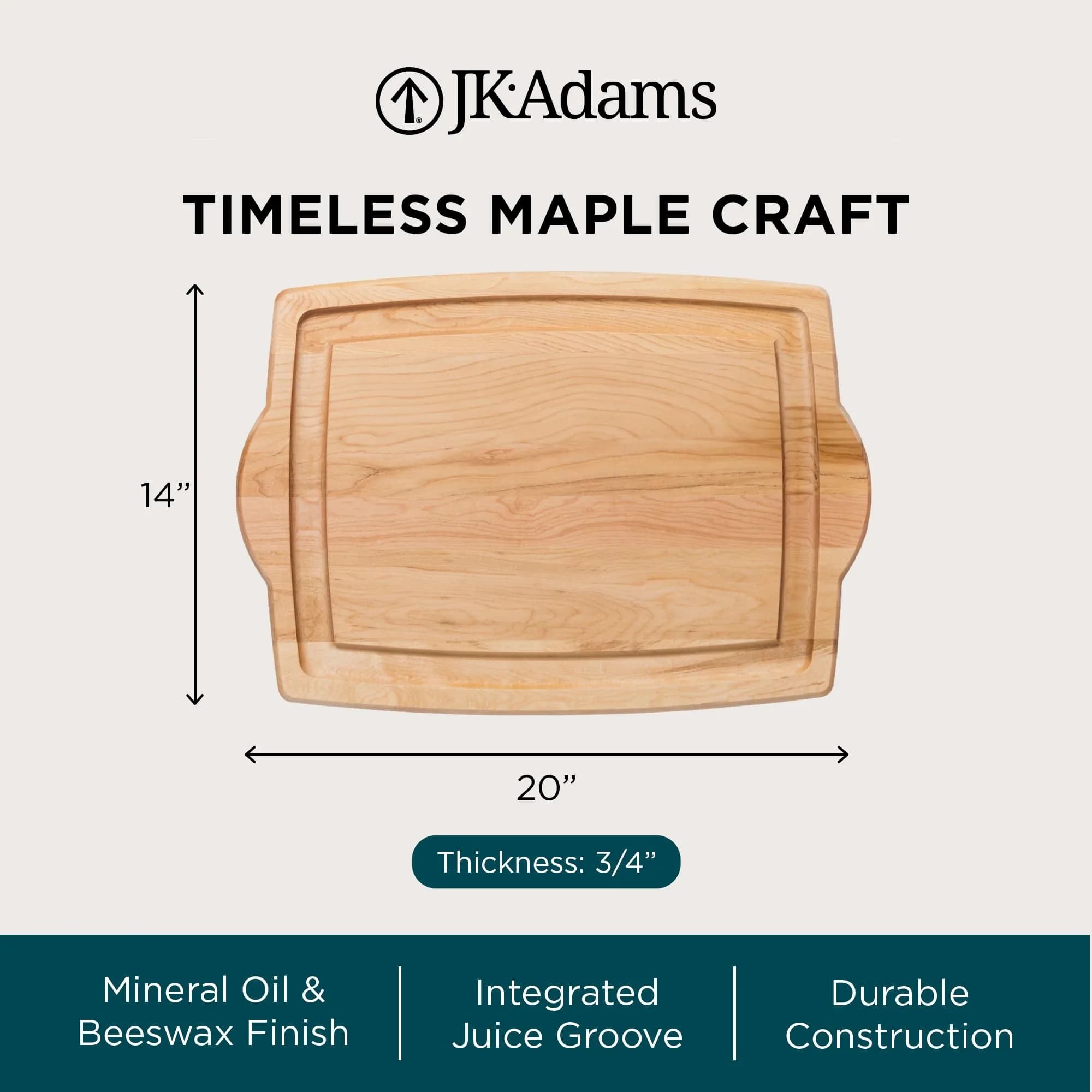 J.K. Adams Farmhouse Maple Carving Board with Handles 51cm x 36cm x 2cm | Premium Hardwood Craftsmanship for Daily Prep & Entertaining - view 5