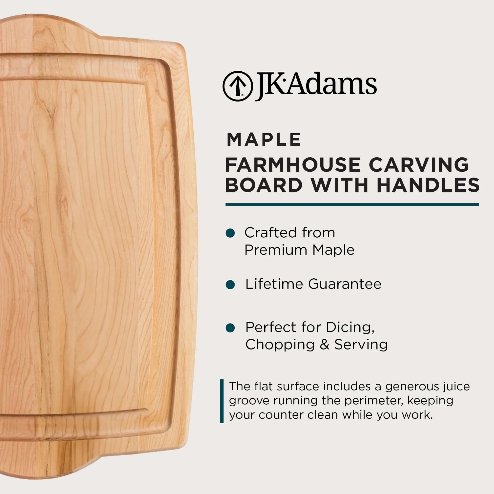 J.K. Adams Farmhouse Maple Carving Board with Handles 51cm x 36cm x 2cm | Premium Hardwood Craftsmanship for Daily Prep & Entertaining - view 3