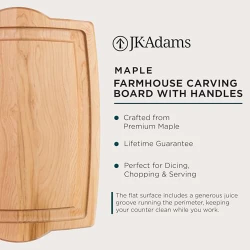J.K. Adams Farmhouse Maple Carving Board with Handles 51cm x 36cm x 2cm | Premium Hardwood Craftsmanship for Daily Prep & Entertaining thumbnail 3