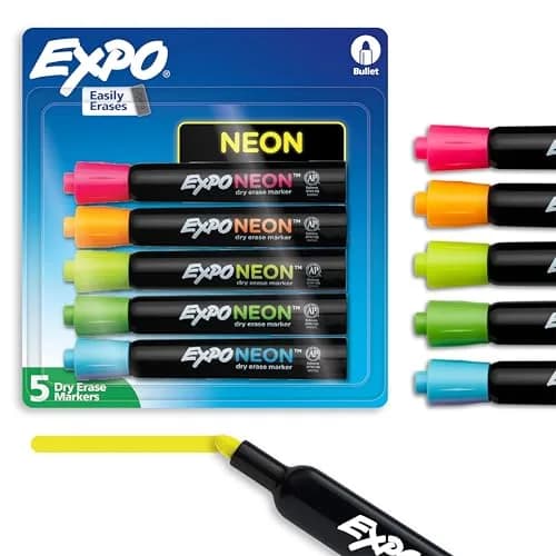 EXPO Neon Dry Erase Markers, Assorted Colors, Bullet Tip, 5 Count | Vibrant Ink for Whiteboards, Glass, Acrylic — Neon Assorted