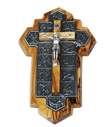 Holy Land Market Olive Wood Crucifix 14 Stations of the Cross | Handcrafted Bethlehem Religious Decor (14x9x1 cm) thumbnail 1