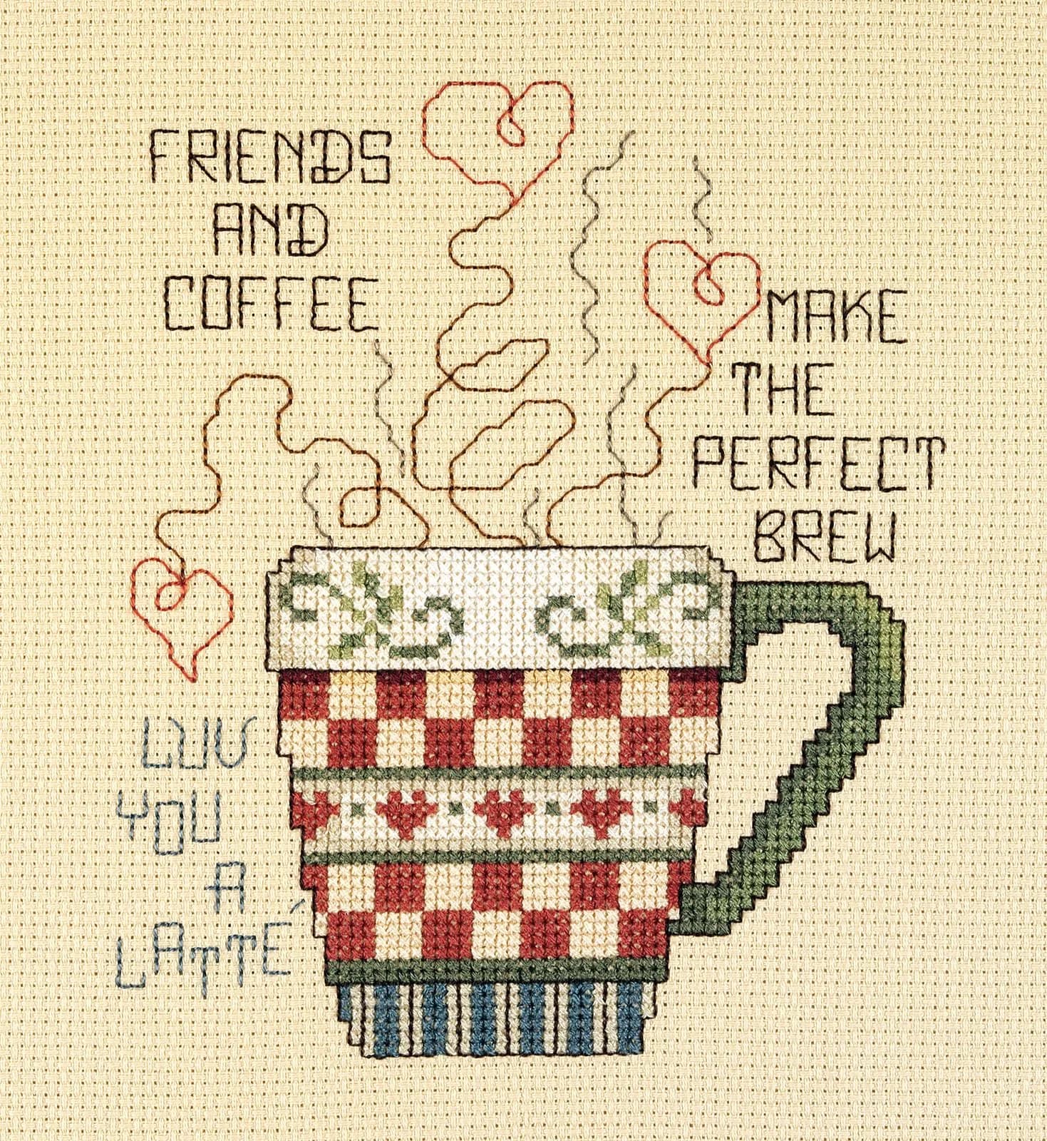 Janlynn Friends and Coffee Cross Stitch Kit 5x6 Inch White | Beginner Counted Kit with Cotton Aida & Floss — White