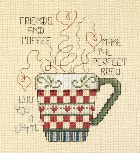 Janlynn Friends and Coffee Cross Stitch Kit 5x6 Inch White | Beginner Counted Kit with Cotton Aida & Floss thumbnail 1