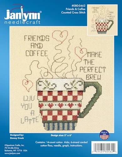 Janlynn Friends and Coffee Cross Stitch Kit 5x6 Inch White | Beginner Counted Kit with Cotton Aida & Floss thumbnail 2