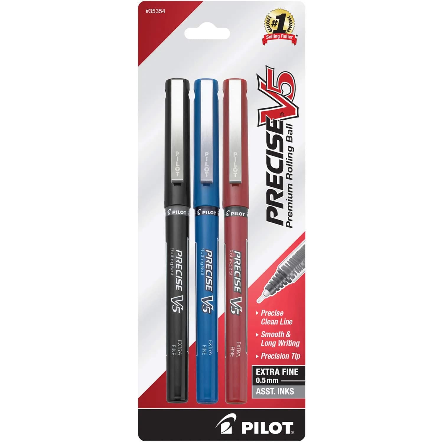 Pilot Precise V5 RT Rollerball Pens, Extra Fine 0.5mm Black, Pack of 2 | Smooth Ink Flow for Office & Journaling — Black/Blue/Red