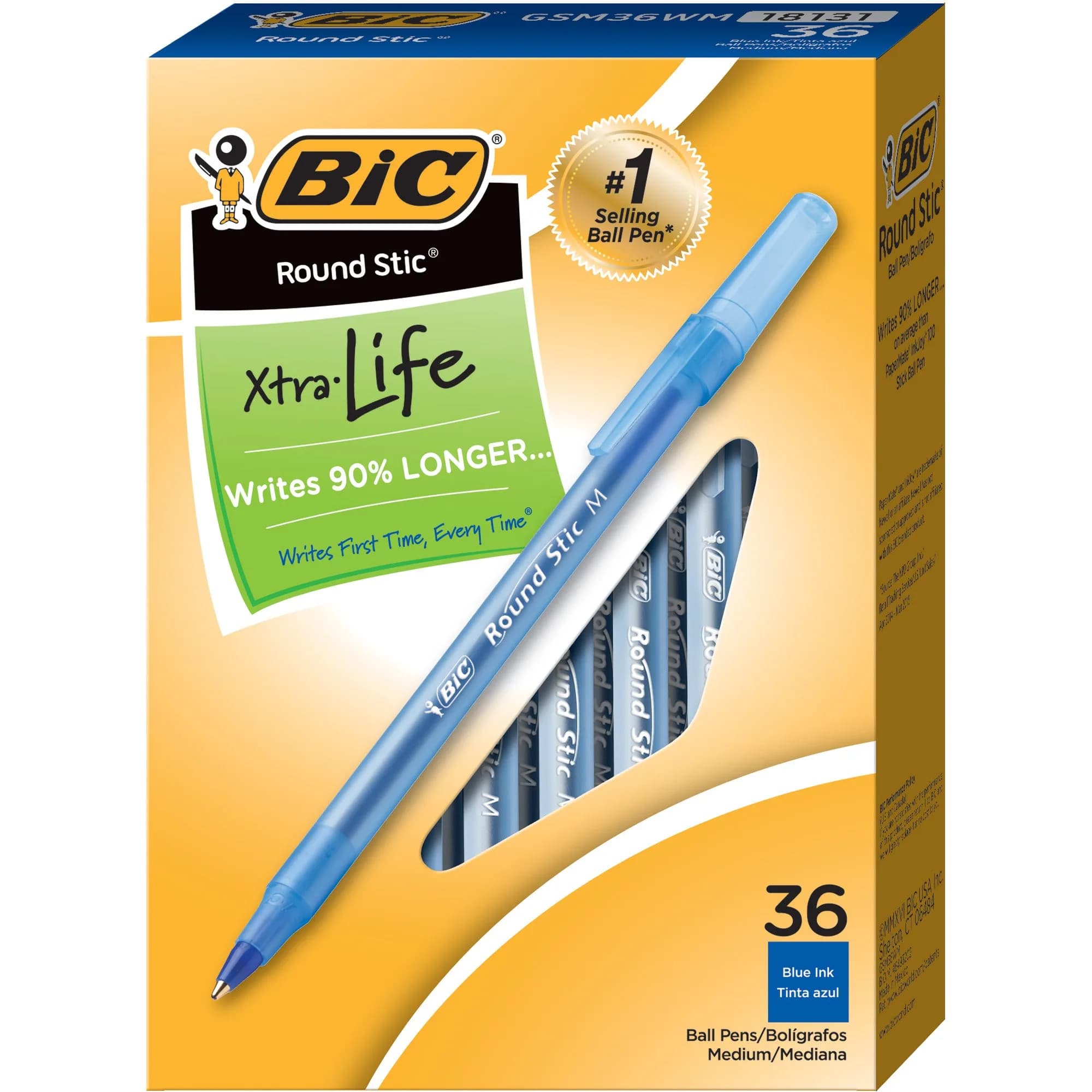 BIC Round Stic Xtra Life Blue Ballpoint Pens, Medium Point 1.0mm, 36-Count Pack | Smooth Ink Flow for Daily Writing