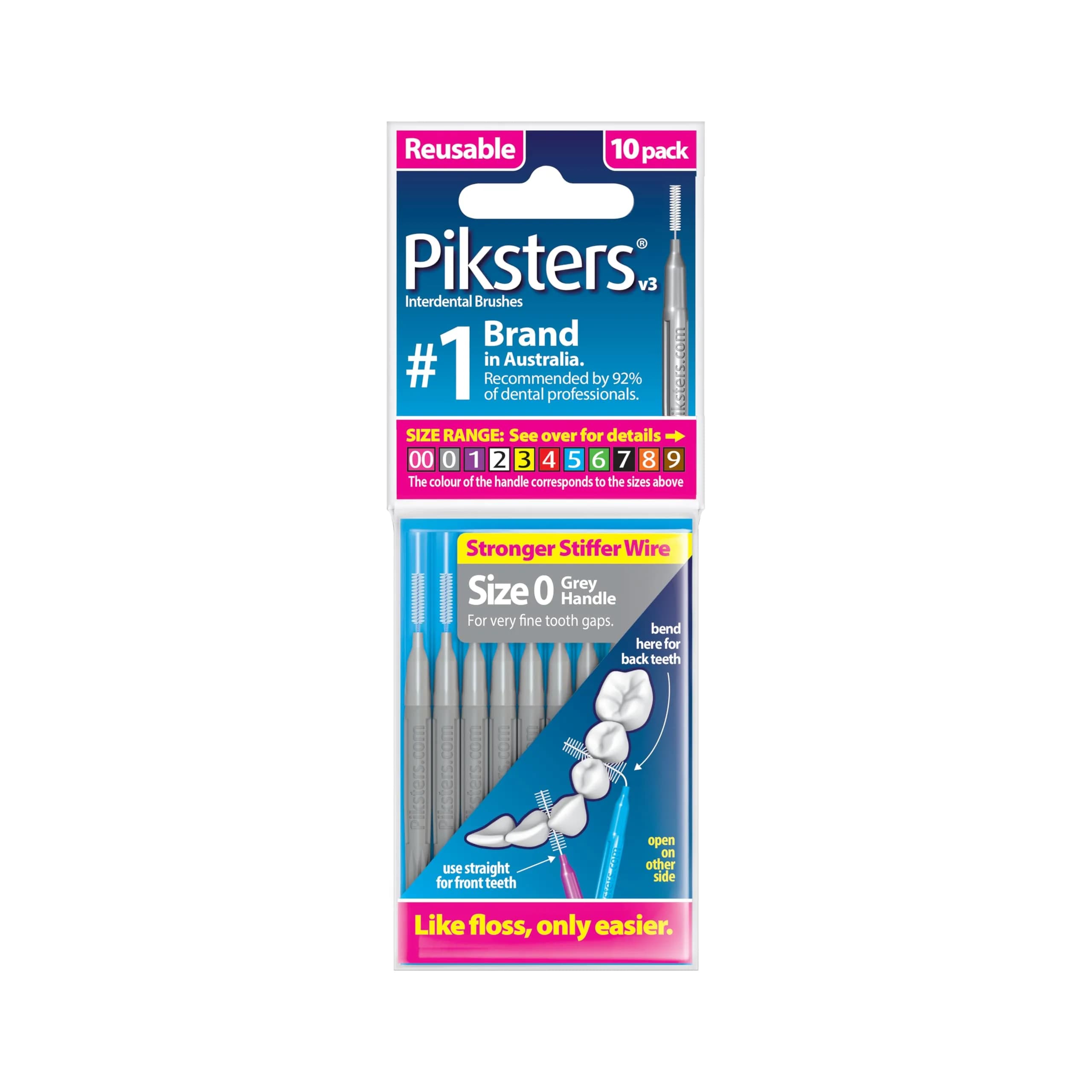 Piksters Interdental Brush Size 0 Grey (10 Pack) | ISO 1 for Very Tight Gaps - main product image