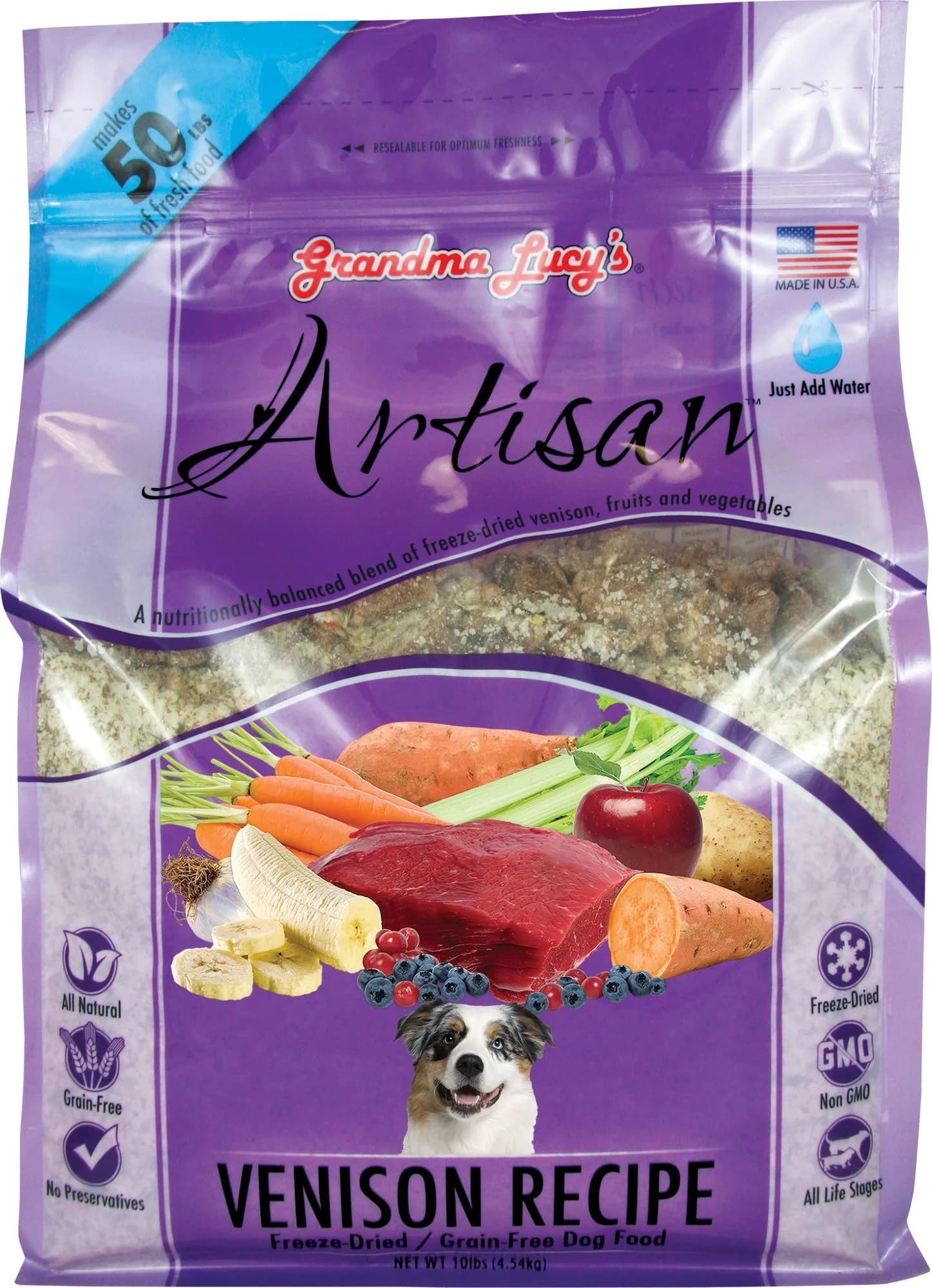 Grandma Lucy's Artisan Dog Food, Grain Free & Freeze-Dried Venison 10Lb | Natural, All Life Stages