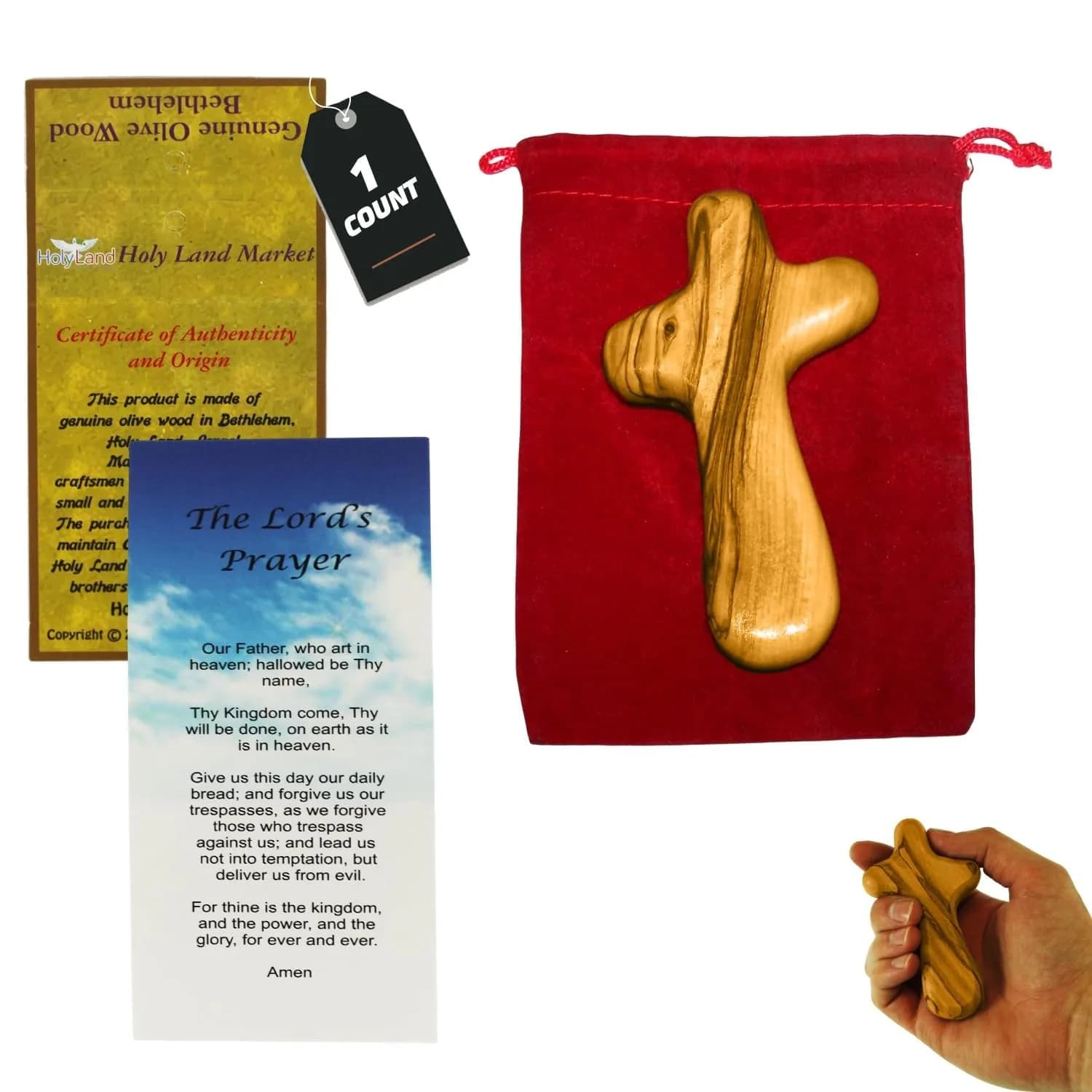 Holy Land Market Olive Wood Comfort Cross 4 Inch | Handcrafted Bethlehem Faith Symbol — Natural Olivewood