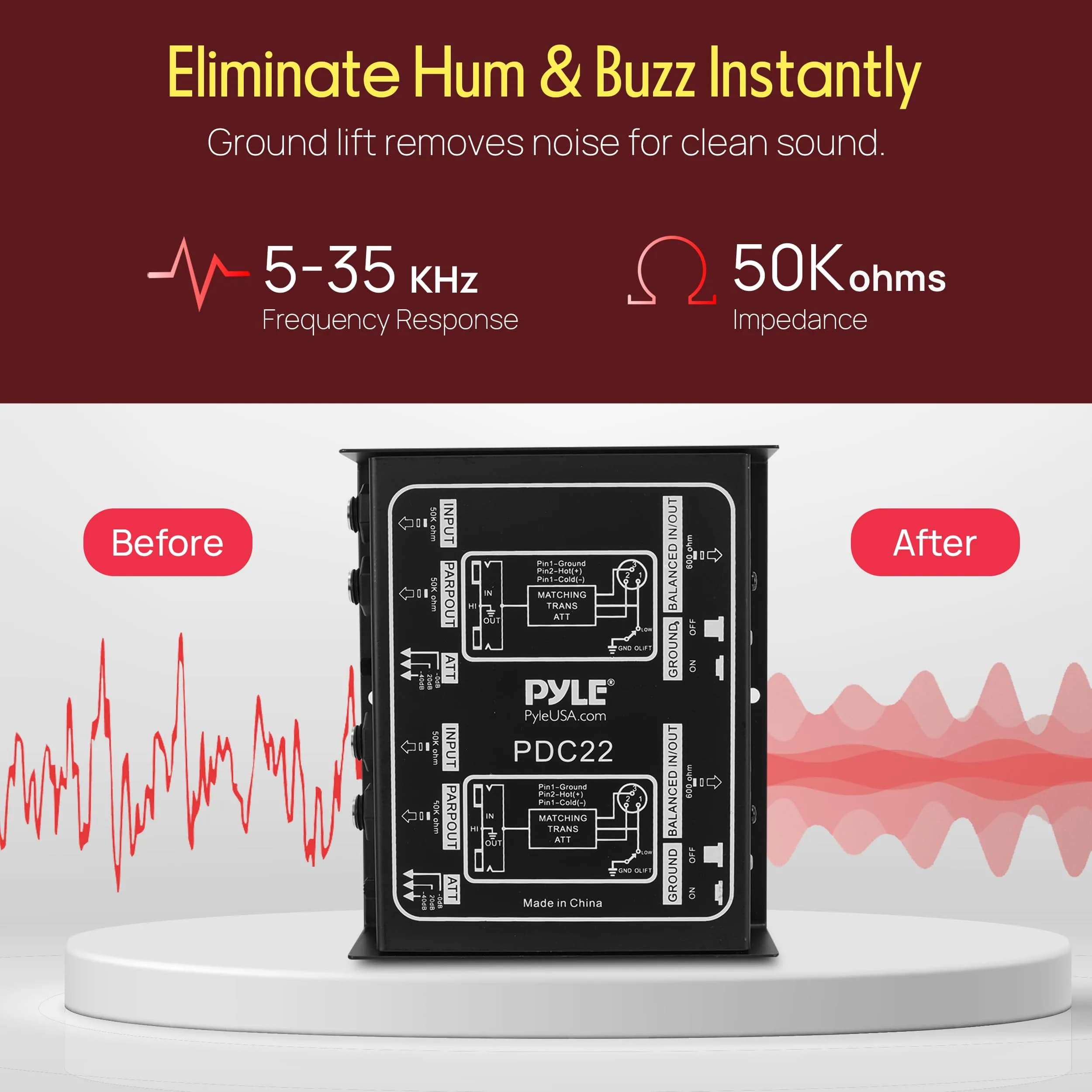 Pyle-Pro PDC22 Passive DI Box | 1/4 Inch Input to XLR Output Hum Eliminator with Attenuator - view 5