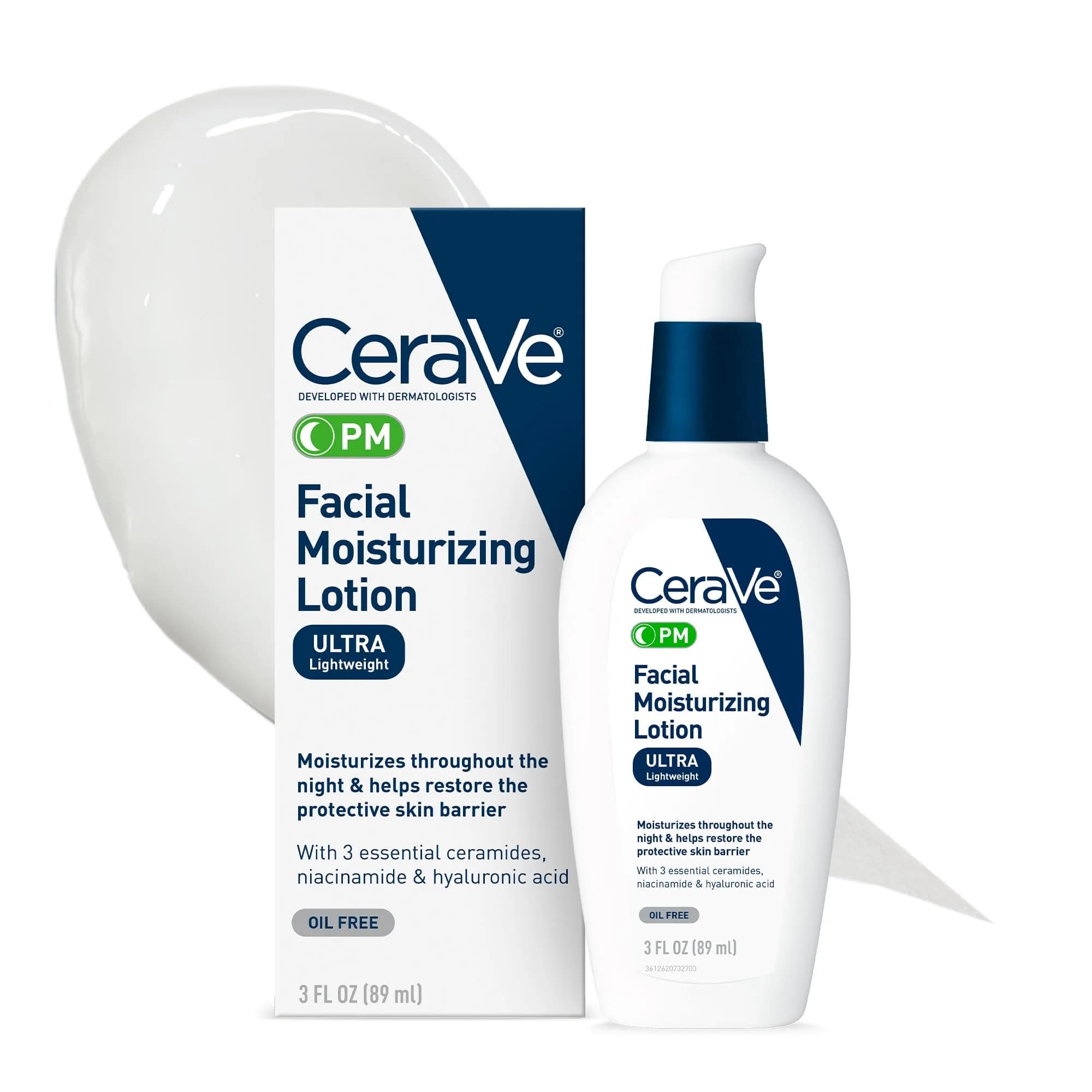 CeraVe PM Facial Moisturizing Lotion Ultra-Lightweight Oil-Free Face Moisturizer 3 oz | Hydrates & Restores Skin Barrier - main product image