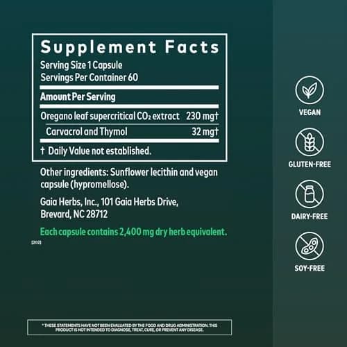 Gaia Herbs Oil of Oregano 230 mg Vegan Capsules | Immune & Antioxidant Support Supplement with Carvacrol & Thymol thumbnail 2