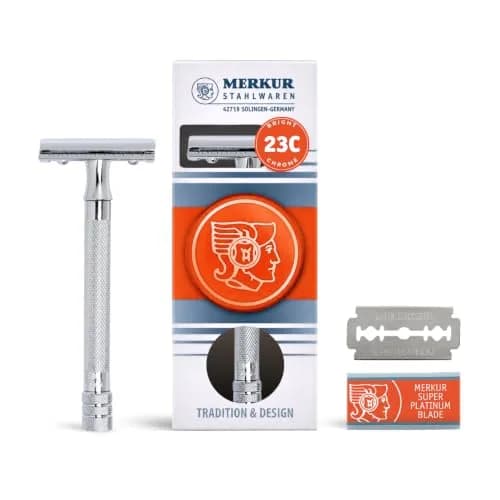 MERKUR 23C Double Edge Safety Razor - 10.16cm (4") Long Knurled Brass Handle, Made in Germany | Smooth, Irritation-Free Shave thumbnail 1