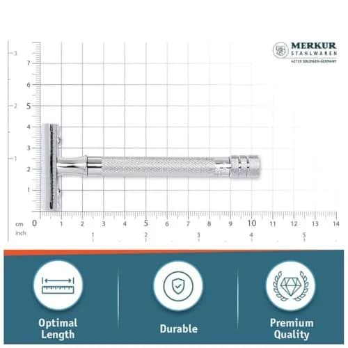 MERKUR 23C Double Edge Safety Razor - 10.16cm (4") Long Knurled Brass Handle, Made in Germany | Smooth, Irritation-Free Shave thumbnail 7