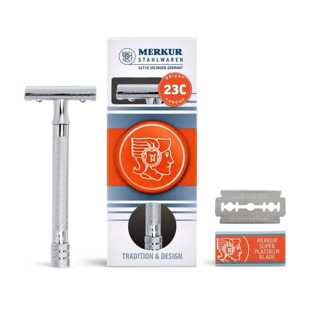 MERKUR 33C Double Edge Safety Razor, 3-Piece Design, Closed Comb, Short Handle, Bright Chrome Finish | Precision Wet Shaving — MK-23C