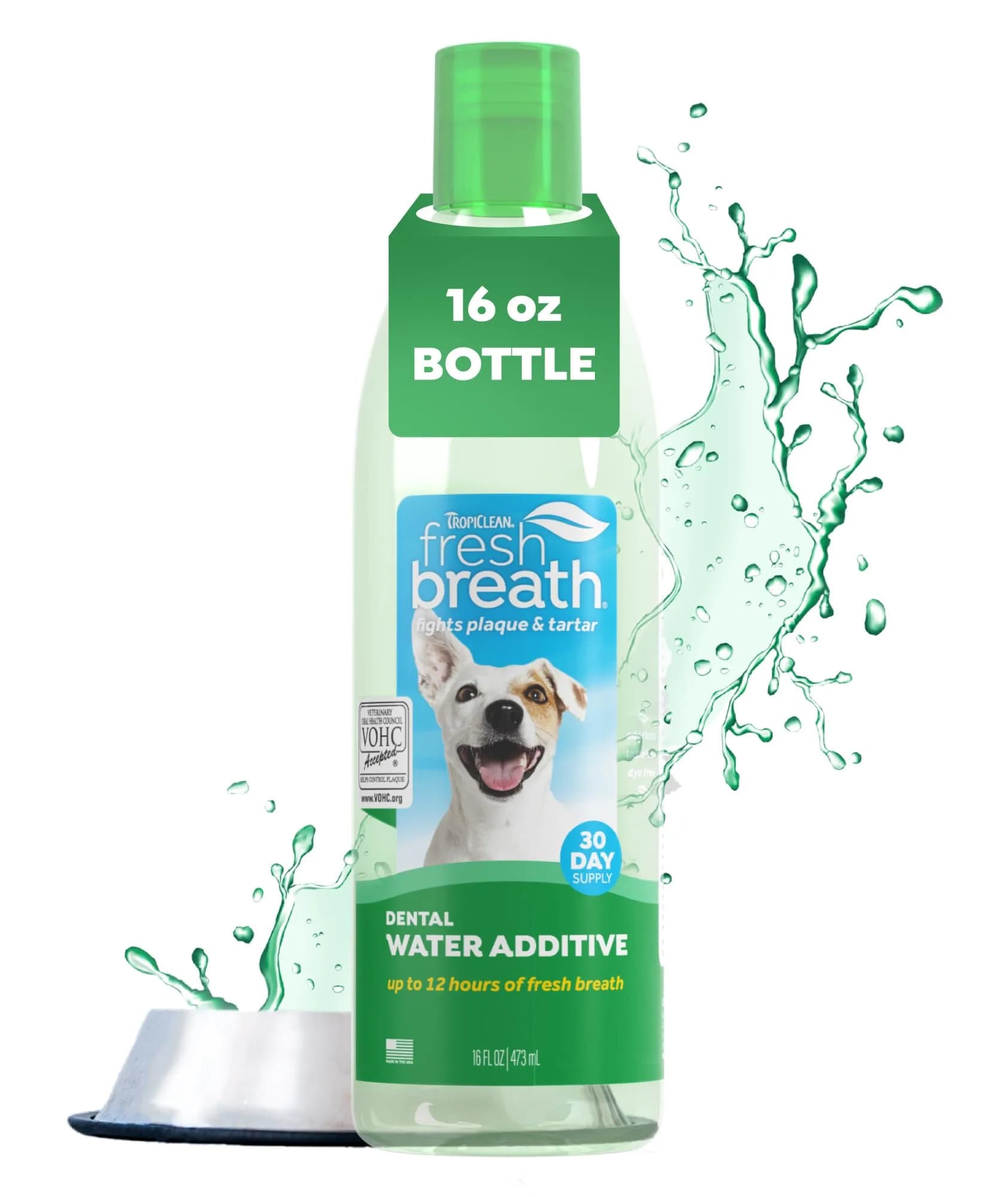 TropiClean Fresh Breath Water Additive for Dogs 473ml (16 Fl Oz) | Odorless, VOHC Accepted, No Brushing Required - main product image
