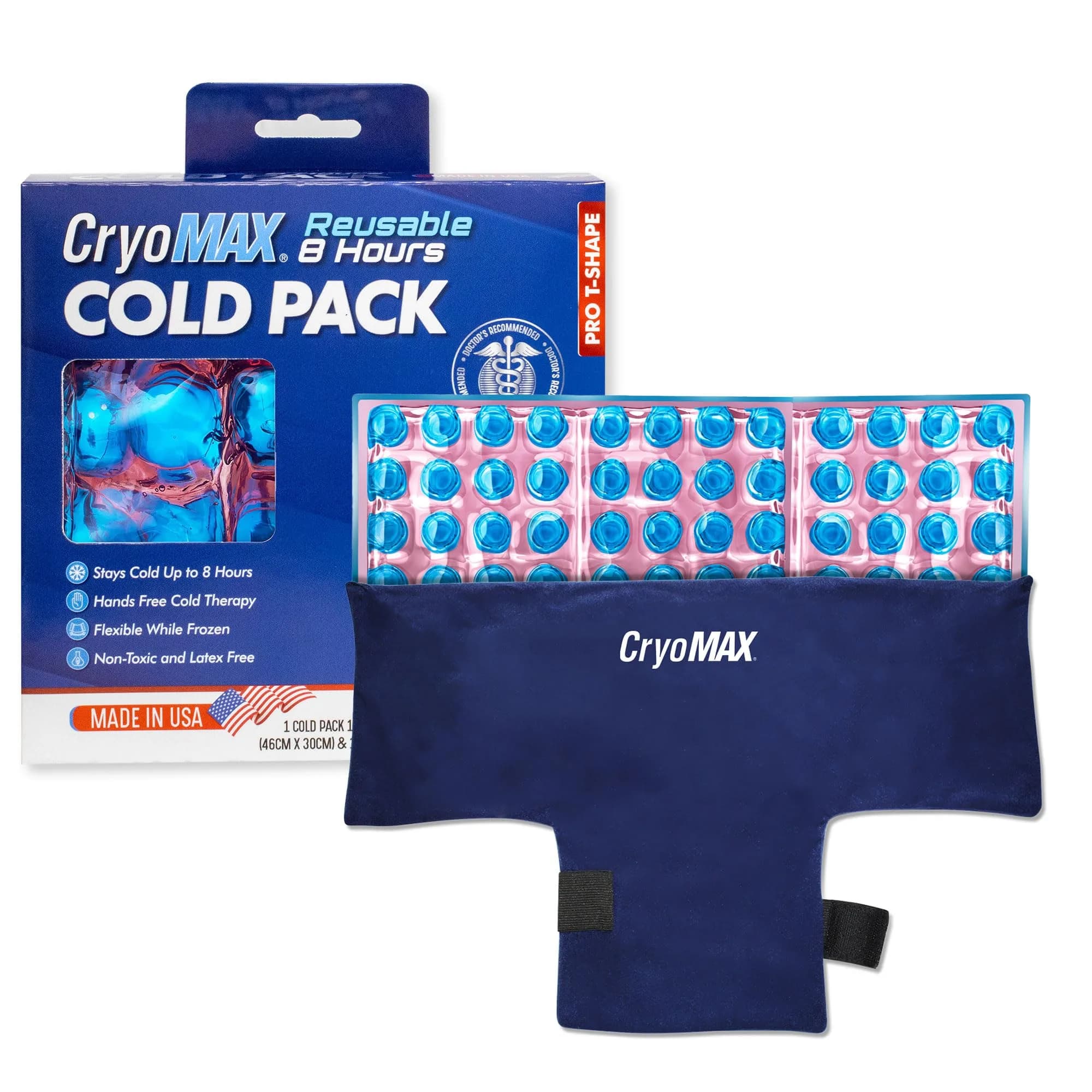 CryoMAX Reusable Cold Pack T-Shape 1200g (42.3 oz) | 8-Hour Cold Therapy with Adjustable Straps