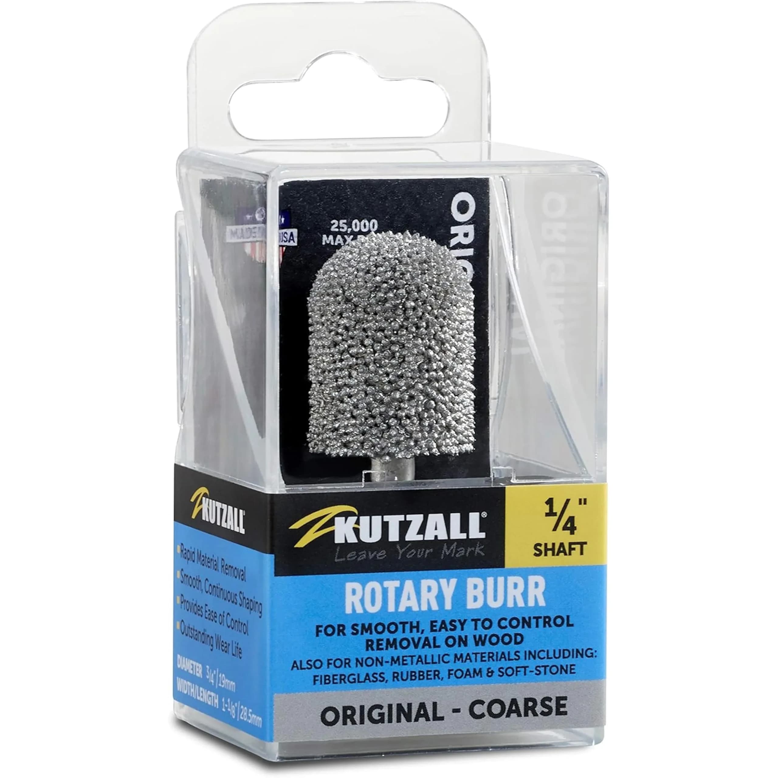 Kutzall Original Ball Nose Rotary Burr 19mm (0.75") Dia. X 28.5mm (1.13") L | Tungsten Carbide Wood Carving Bit for Die Grinders
