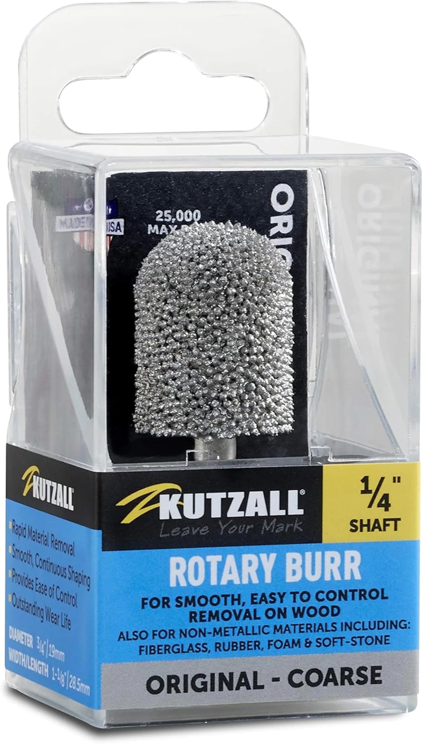 Kutzall Original Ball Nose Rotary Burr 19mm (0.75") Dia. X 28.5mm (1.13") L | Tungsten Carbide Wood Carving Bit for Die Grinders