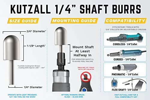 Kutzall Original Ball Nose Rotary Burr 19mm (0.75") Dia. X 28.5mm (1.13") L | Tungsten Carbide Wood Carving Bit for Die Grinders thumbnail 3