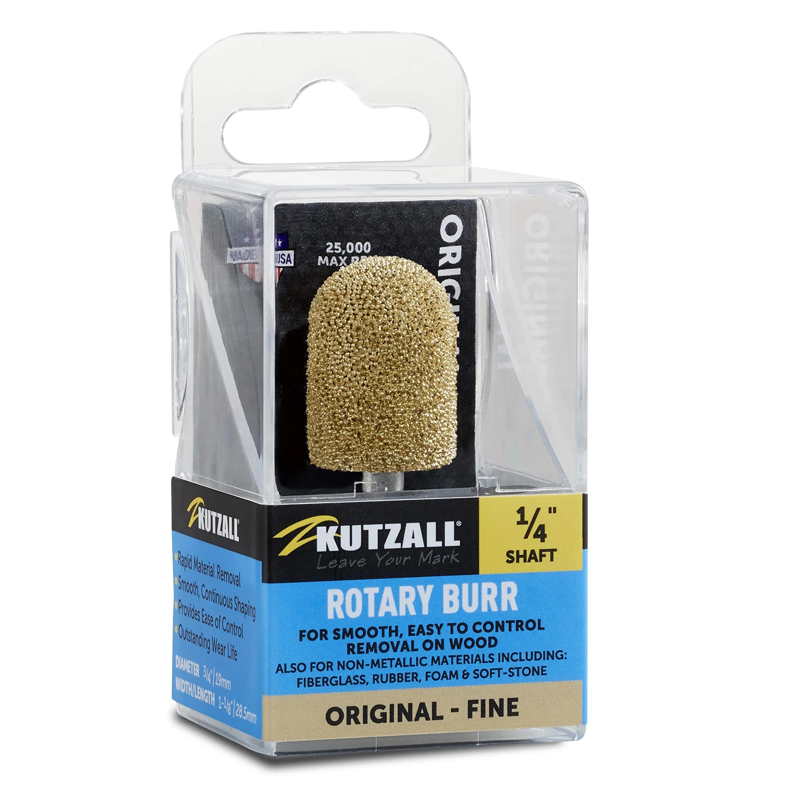 Kutzall Original Ball Nose Rotary Burr 19mm (3/4") Dia. x 28.5mm (1-1/8") L | Tungsten Carbide Wood Carving Bit for Die Grinders