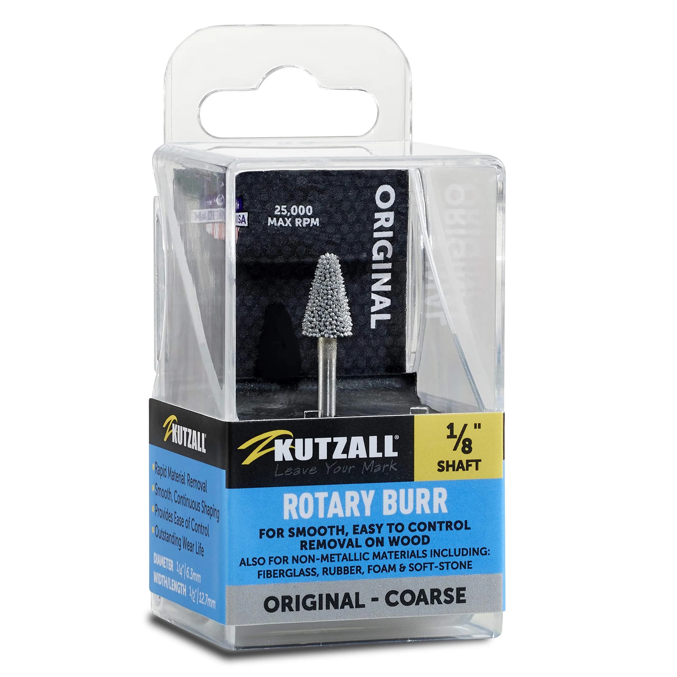 Kutzall Original Taper Rotary Burr 1/8" Shaft Coarse | Wood Carving & Detail Tool — Head Diameter: 1⁄4", Head Length: 1⁄2"