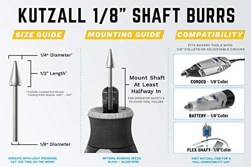 Kutzall Original Taper Rotary Burr 1/8" Shaft Coarse | Wood Carving & Detail Tool thumbnail 3