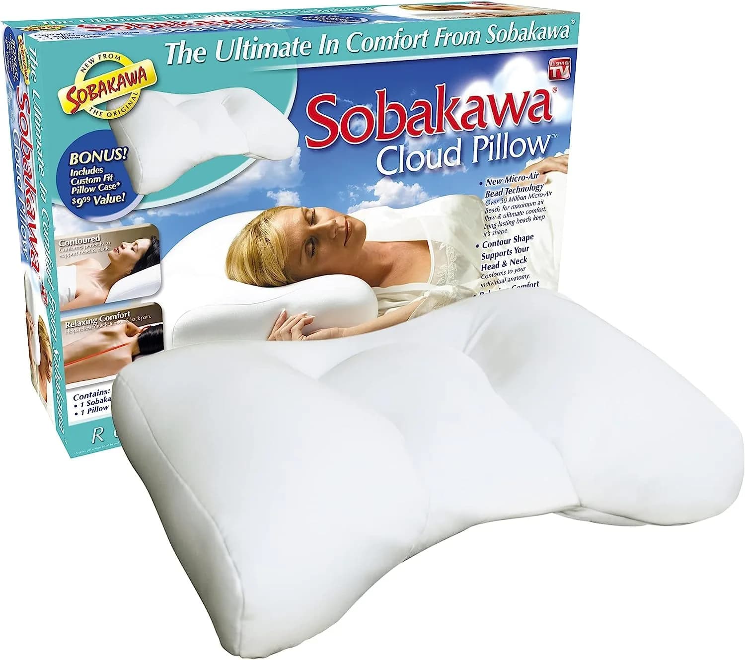 Sobakawa Cloud Pillow with Microbead Fill - Contoured Neck Support Pillow - White - 18.5 x 12.6 x 3.15 inches (47 cm x 32 cm x 8 cm) — White