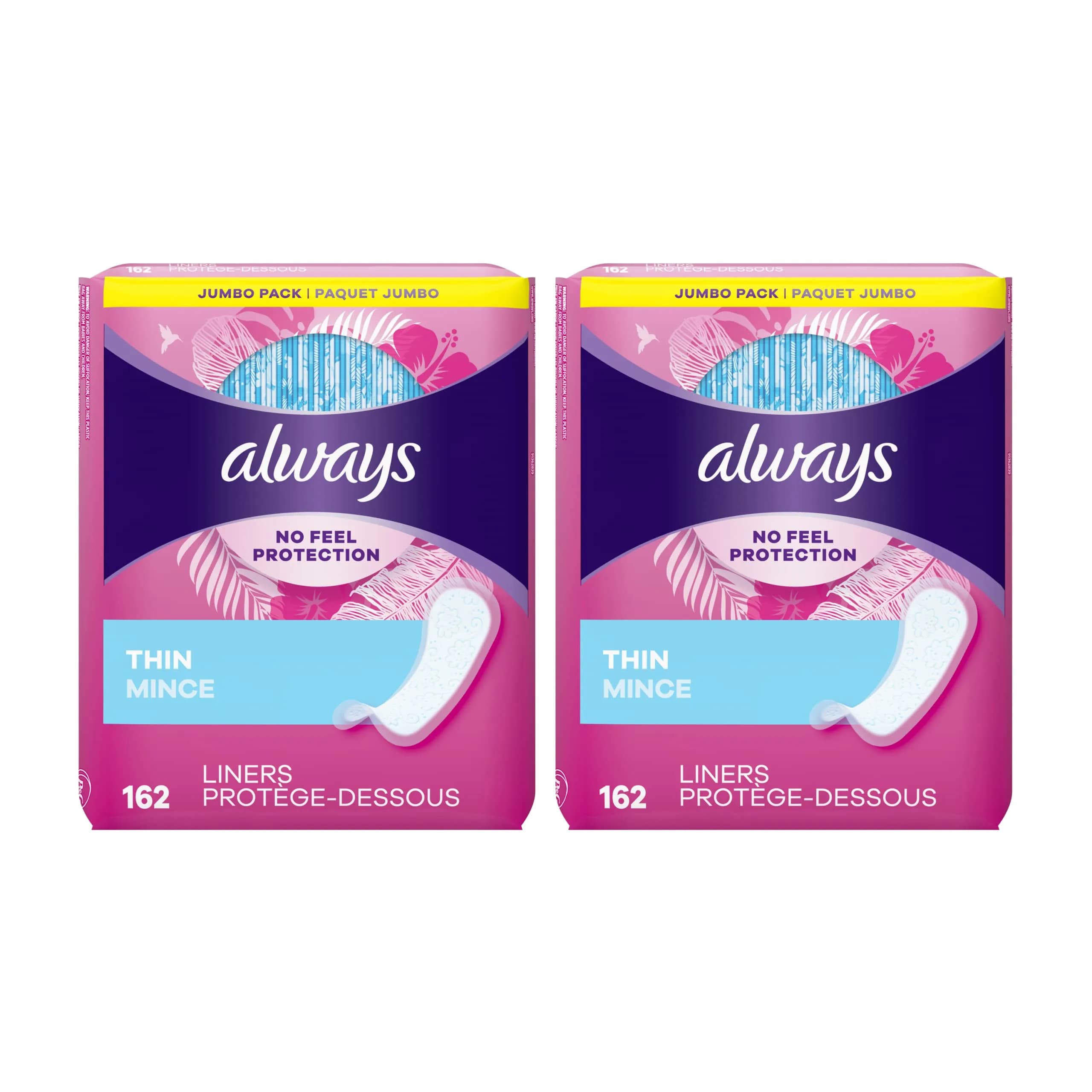 Always Thin No Feel Protection Daily Liners Regular Absorbency Unscented, 162 Count Pack | USA Imported Panty Liners - main product image