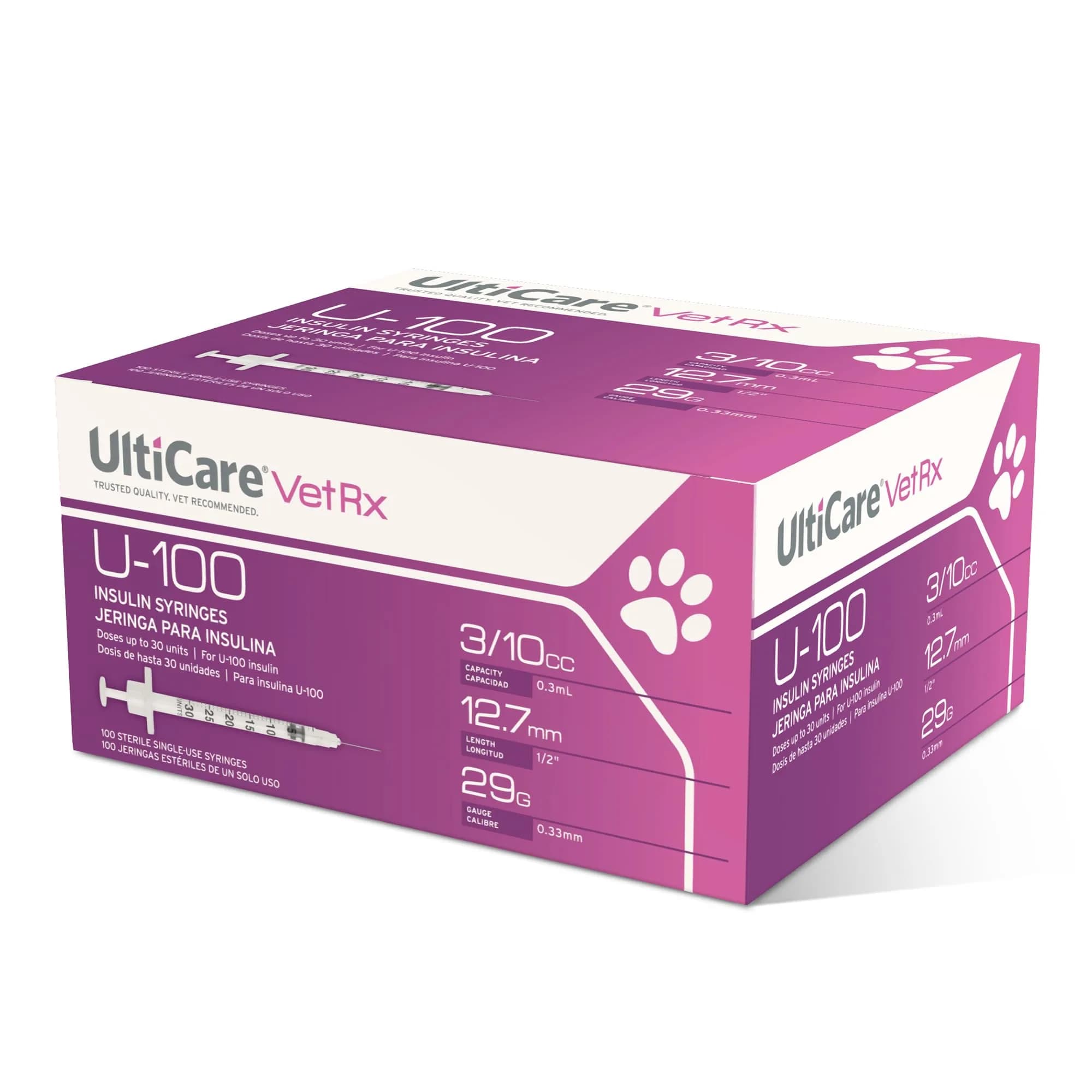 UltiCare VetRx U-100 Insulin Syringes for Pets, 3/10cc, 29G x 1/2" | Precise, Comfortable Pet Insulin Delivery