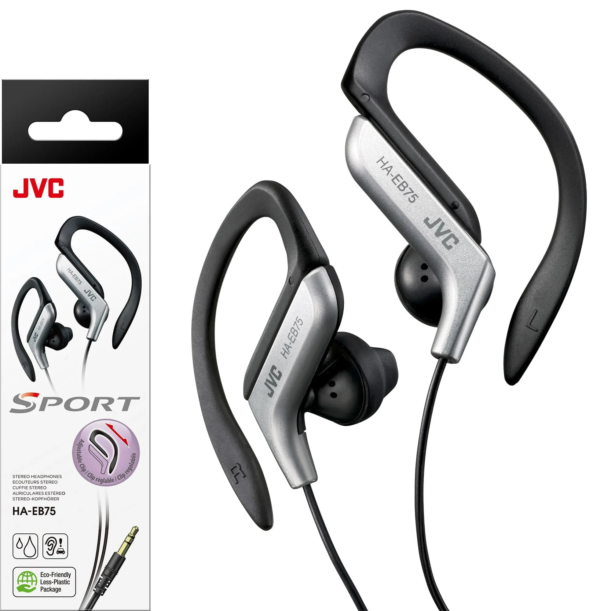 JVC Clip Style Headphone Black and Silver | Splash Proof, Water Resistant, Powerful Sound — Black/Silver
