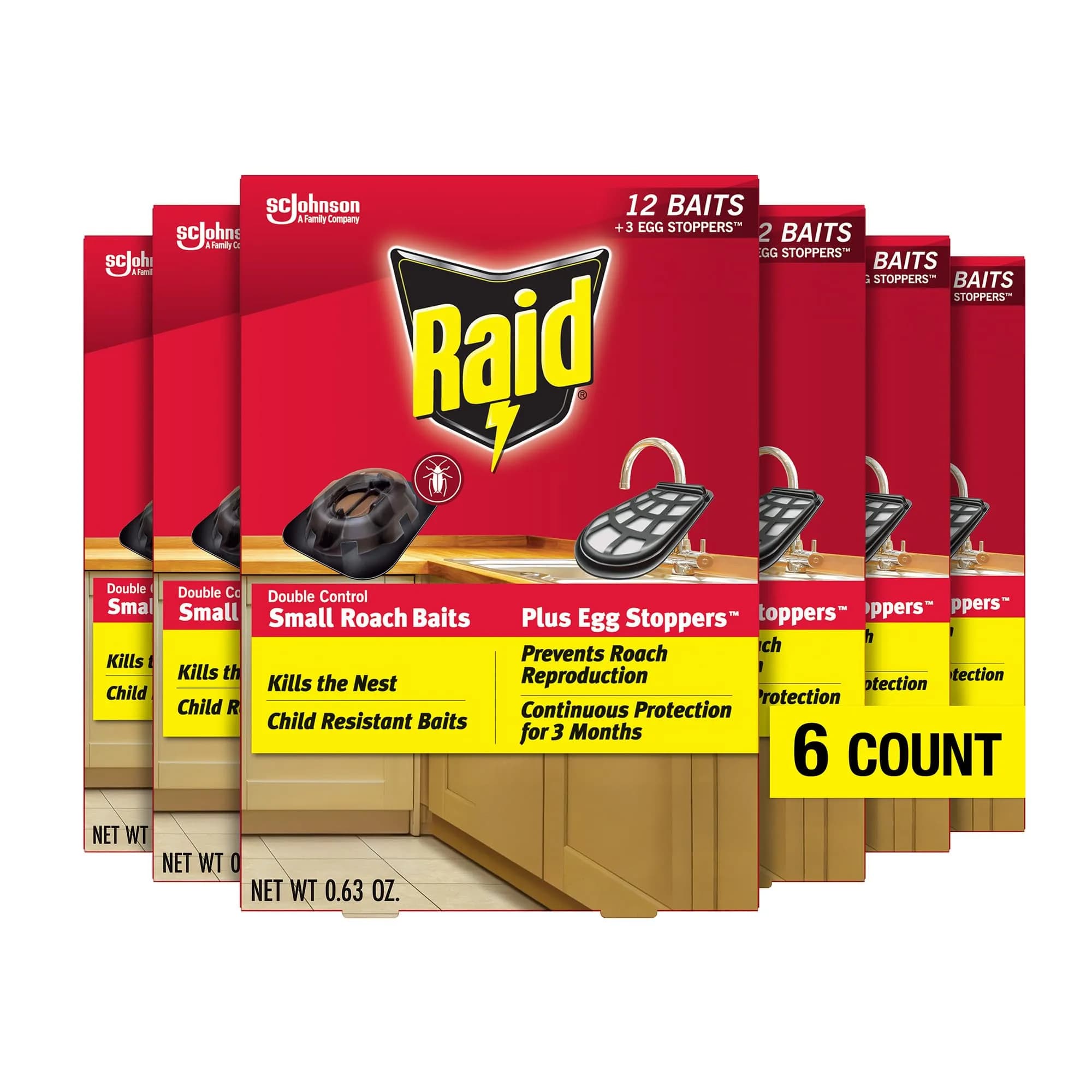 Raid Double Control Small Roach Baits Plus Egg Stopper (12 Count (Pack of 6)) | Breaks Roach Reproduction, Long-Lasting Control — Red