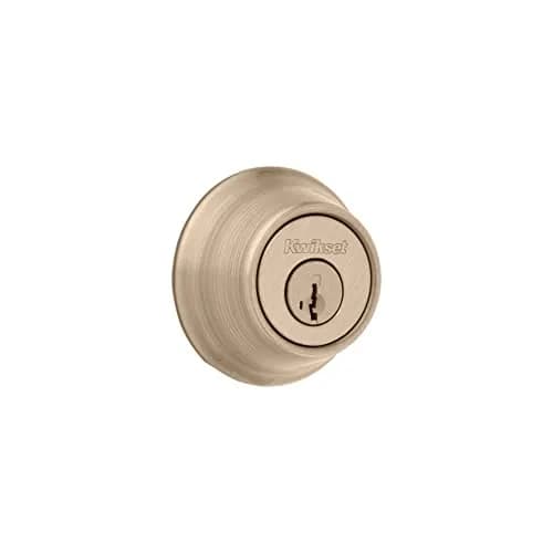 Kwikset Deadbolt Lock Antique Brass Round Exterior Keyed | Pick-Resistant SmartKey Security thumbnail 1