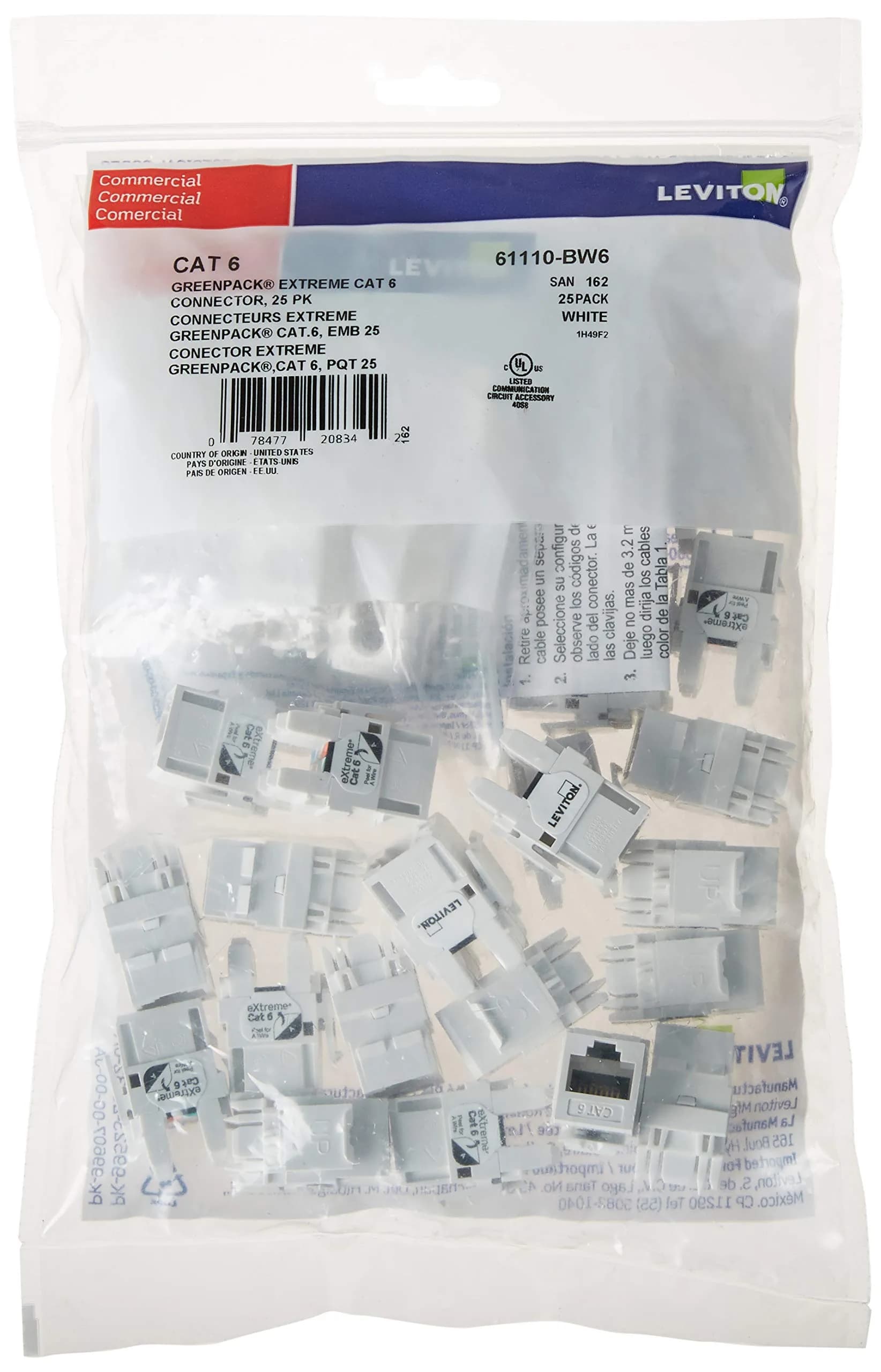 Leviton Extreme 6+ QuickPort Connector, CAT 6, 150-Pack, 61110-JW6, White | Gas-Tight IDC Connectors Prevent Corrosion - main product image