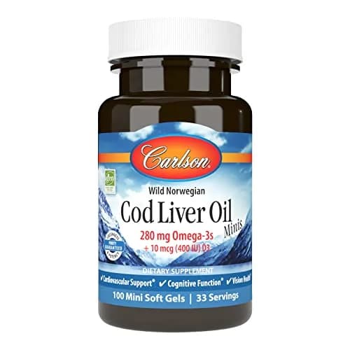 Carlson Cod Liver Oil Minis 280 mg Omega-3s + Vitamins A & D3 | 100 Mini Softgels (300 Soft Gels Total) thumbnail 1