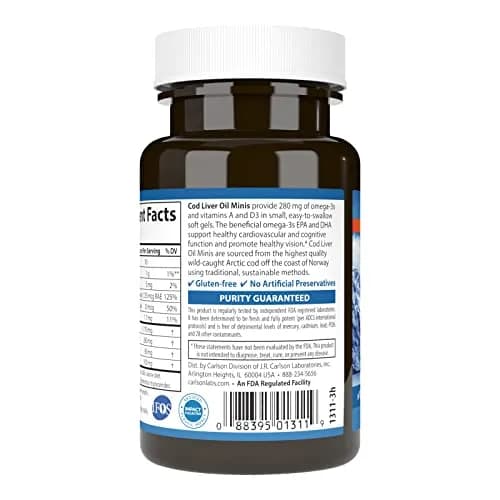Carlson Cod Liver Oil Minis 280 mg Omega-3s + Vitamins A & D3 | 100 Mini Softgels (300 Soft Gels Total) thumbnail 3