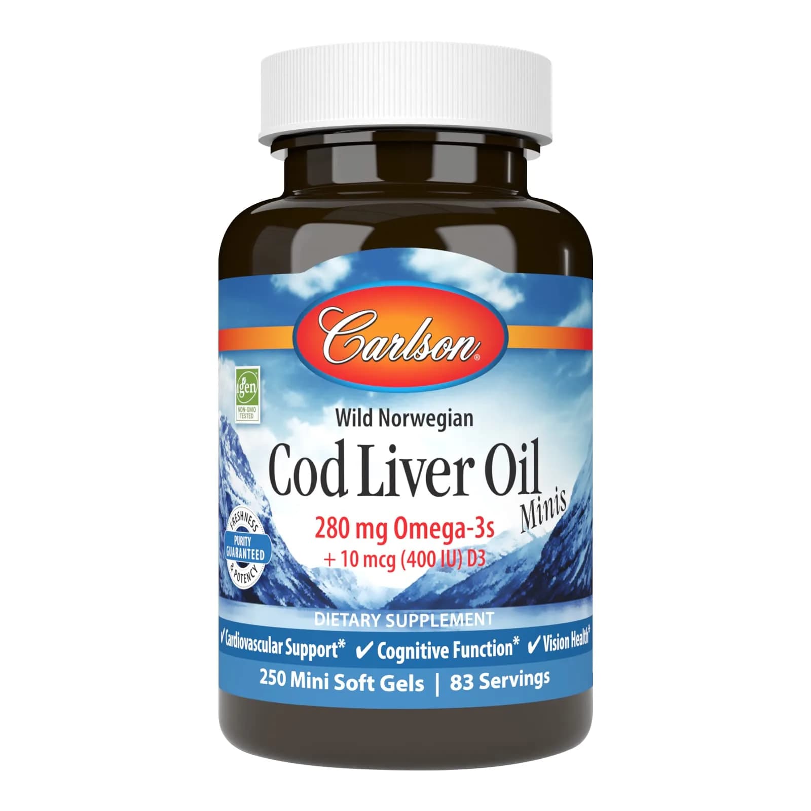 Carlson Cod Liver Oil Minis 280 mg Omega-3s + Vitamins A & D3 | 250 Mini Softgels (250 Count) — With
