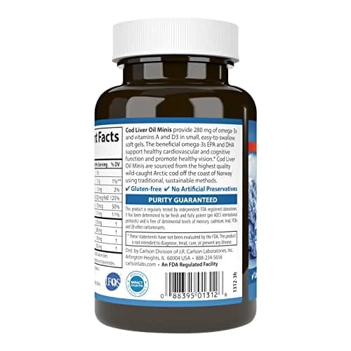 Carlson Cod Liver Oil Minis 280 mg Omega-3s + Vitamins A & D3 | 250 Mini Softgels (250 Count) thumbnail 3
