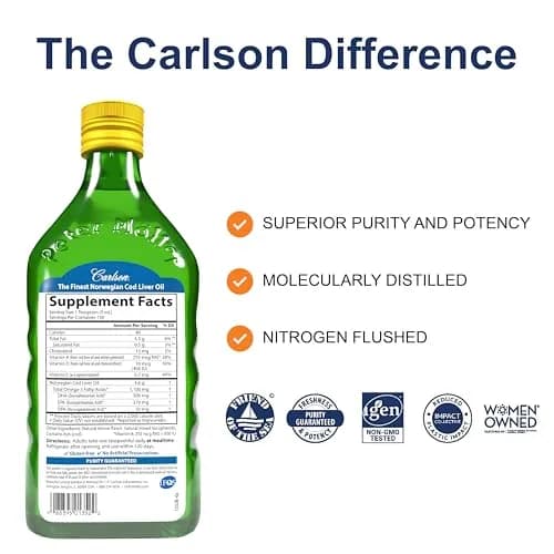 Carlson Cod Liver Oil Lemon 500 mL (16.9 Fl Oz) | 1100 mg Omega-3s, Heart & Brain Health thumbnail 2