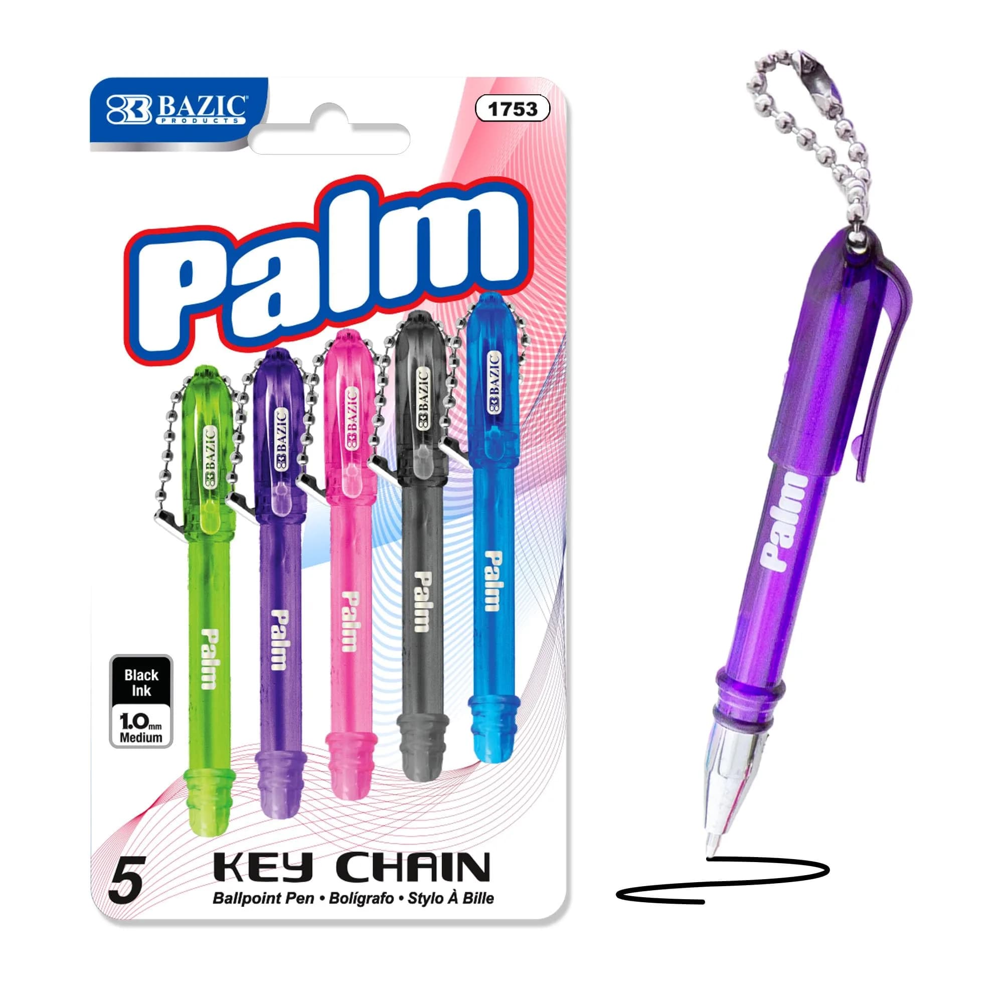 BAZIC PRODUCTS Palm Mini Ballpoint Pens, Key Chain, Black Ink, Medium, 5 Ct | Compact, Refillable, Dependable Performance — Assorted Colors