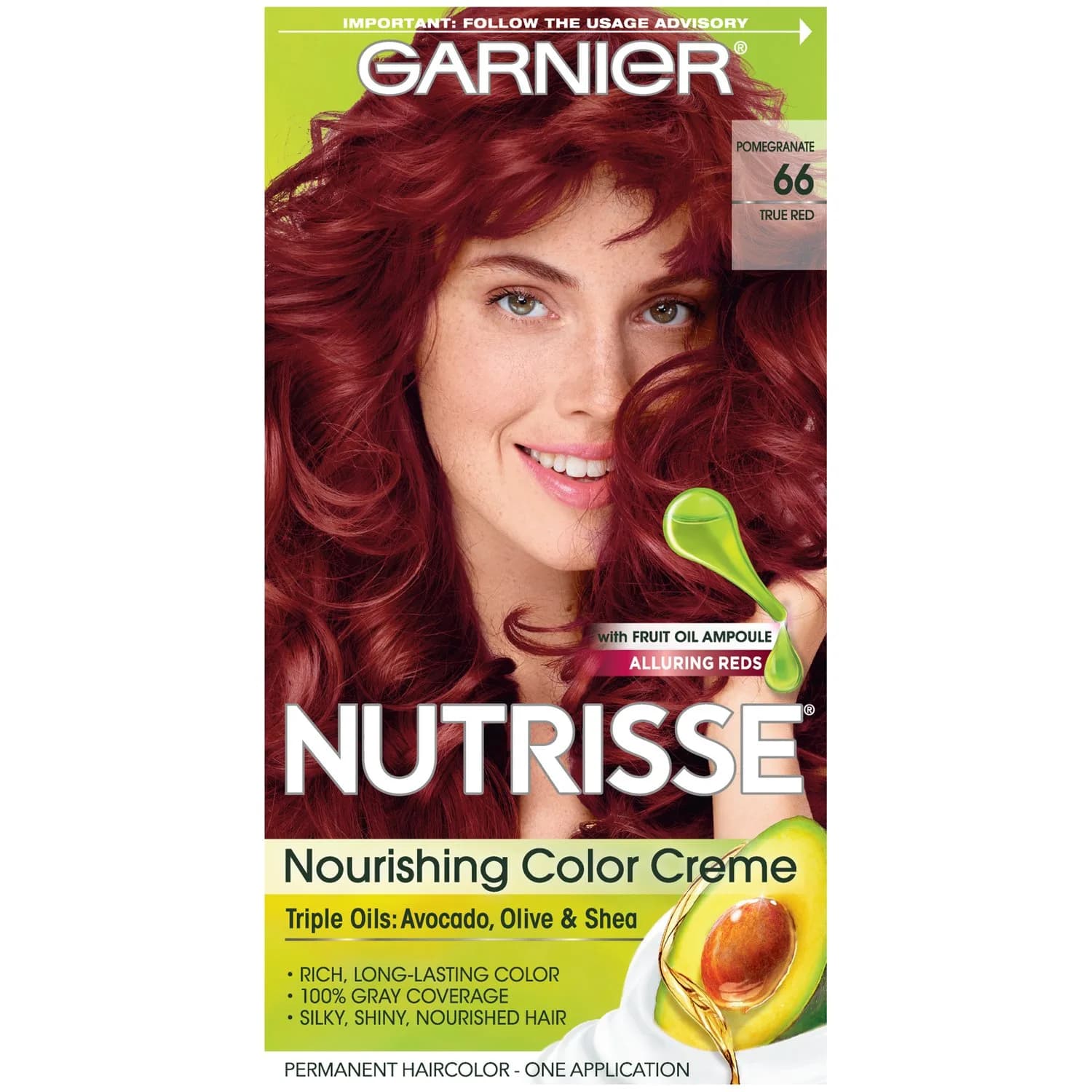 Garnier Nutrisse Nourishing Hair Color Creme, 66 True Red (Pomegranate) 74ml (2.51 Fl Oz) | Permanent Gray Coverage - main product image