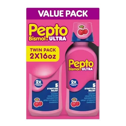 Pepto Bismol Liquid Ultra for Nausea, Heartburn, Indigestion, Upset Stomach, and Diarrhea - 5 Symptom Fast Relief, Cherry Flavor, 2x16 oz | Fast 5-Symptom Relief thumbnail 1