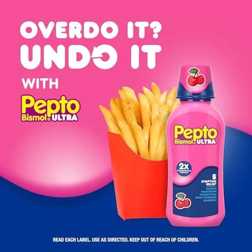 Pepto Bismol Liquid Ultra for Nausea, Heartburn, Indigestion, Upset Stomach, and Diarrhea - 5 Symptom Fast Relief, Cherry Flavor, 2x16 oz | Fast 5-Symptom Relief thumbnail 7