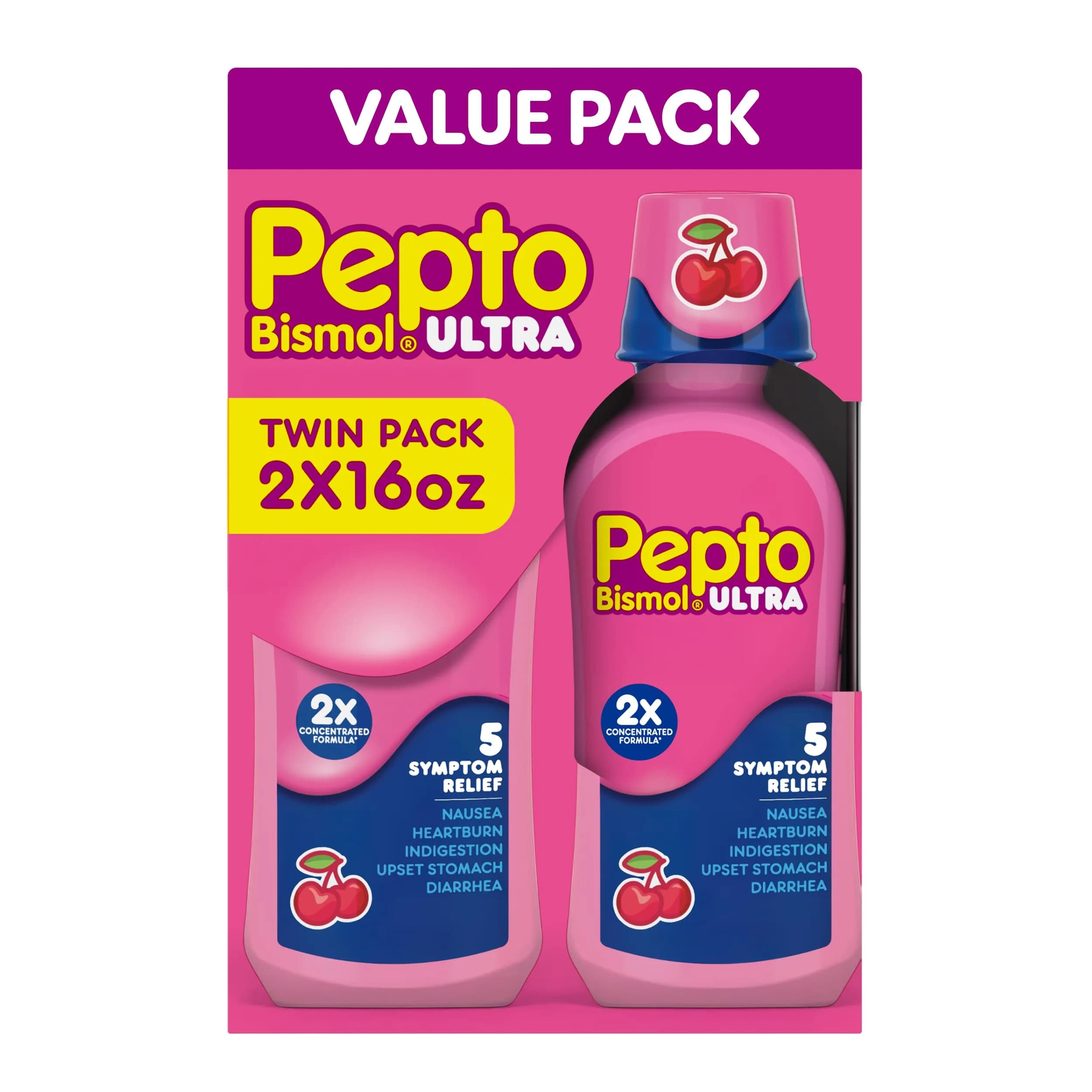 Pepto Bismol Liquid Ultra for Nausea, Heartburn, Indigestion, Upset Stomach, and Diarrhea - 5 Symptom Fast Relief, Cherry Flavor, 2x16 oz | Fast 5-Symptom Relief