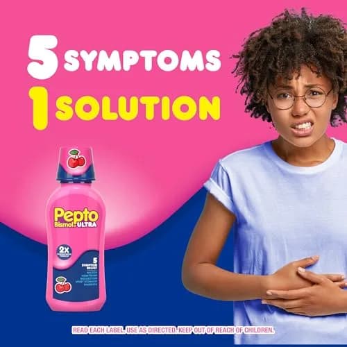 Pepto Bismol Liquid Ultra for Nausea, Heartburn, Indigestion, Upset Stomach, and Diarrhea - 5 Symptom Fast Relief, Cherry Flavor, 2x16 oz | Fast 5-Symptom Relief thumbnail 8