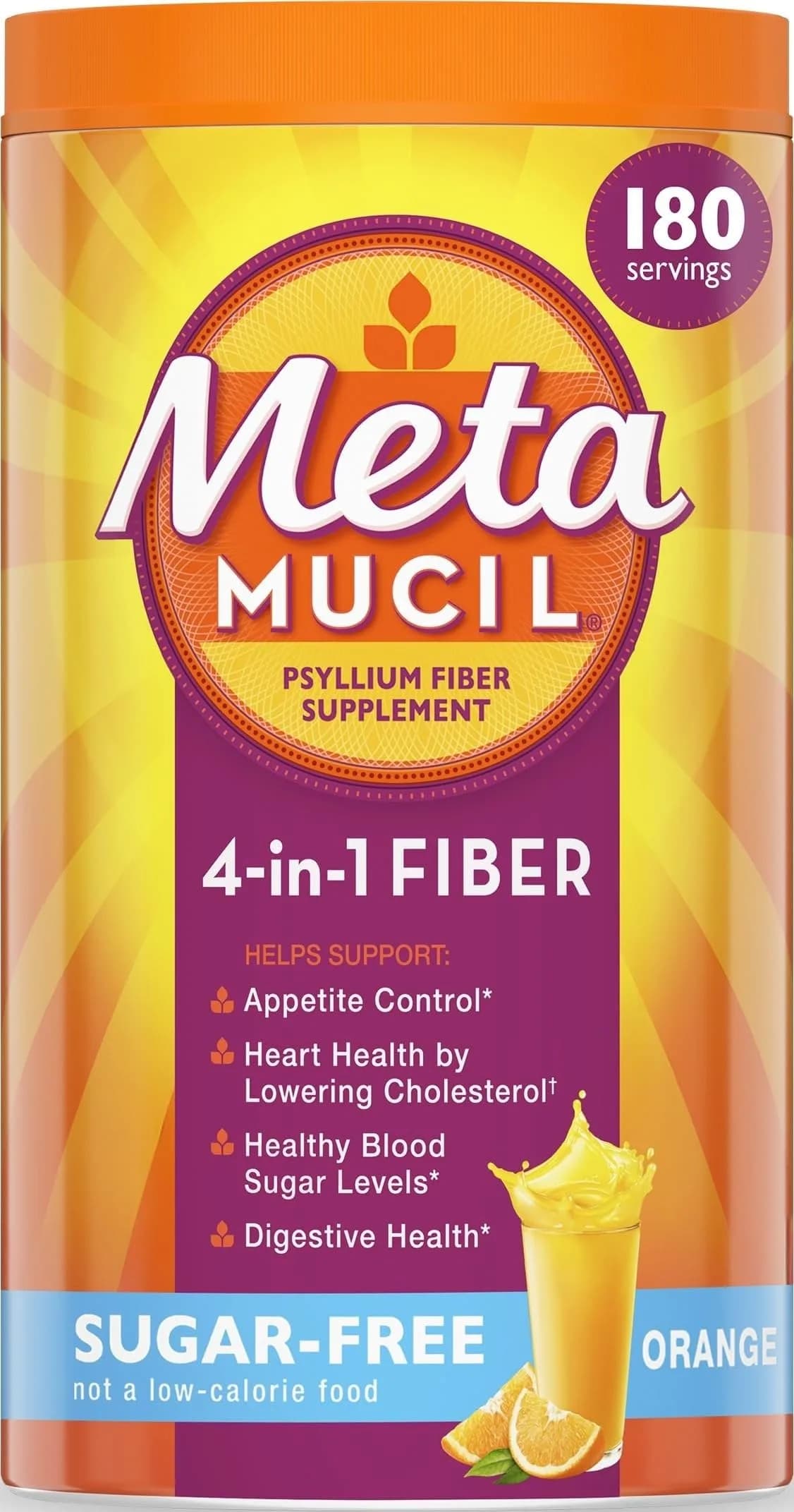 Metamucil Sugar-Free Orange Psyllium Husk Fiber Powder 180 Servings (180 tsp) | Supports Digestive Health & Heart Health - main product image