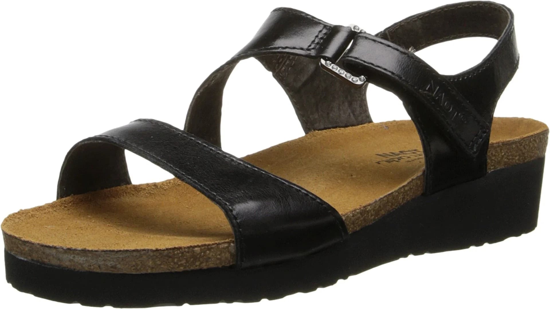 NAOT Pamela Sandal Black Madras Leather | Elegant Two-Strap Casual Wedge for Women
