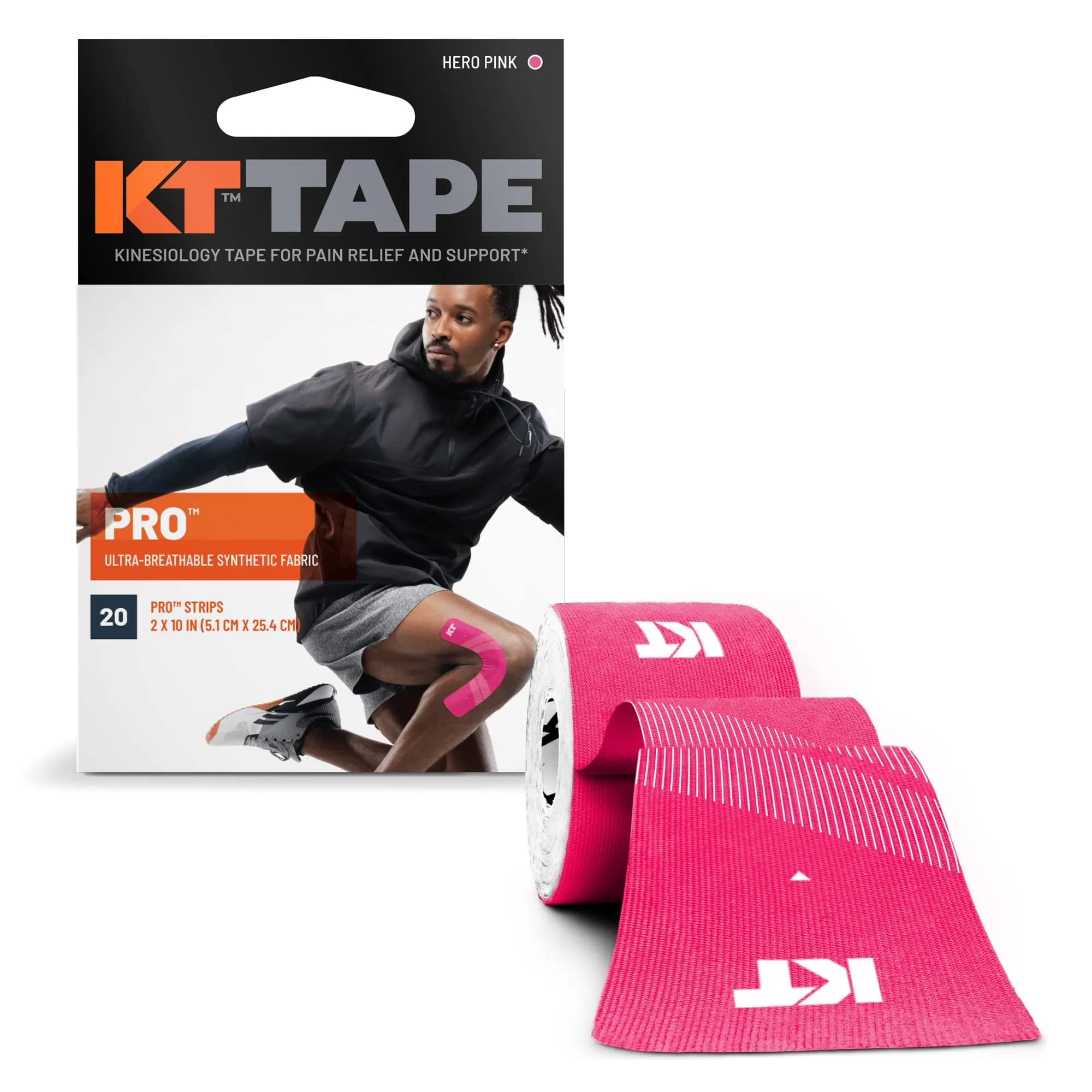 KT Tape Pro Synthetic Kinesiology Athletic Tape 20 Precut Strips 10" x 2" Hero Pink | Support for Muscles & Joints - main product image