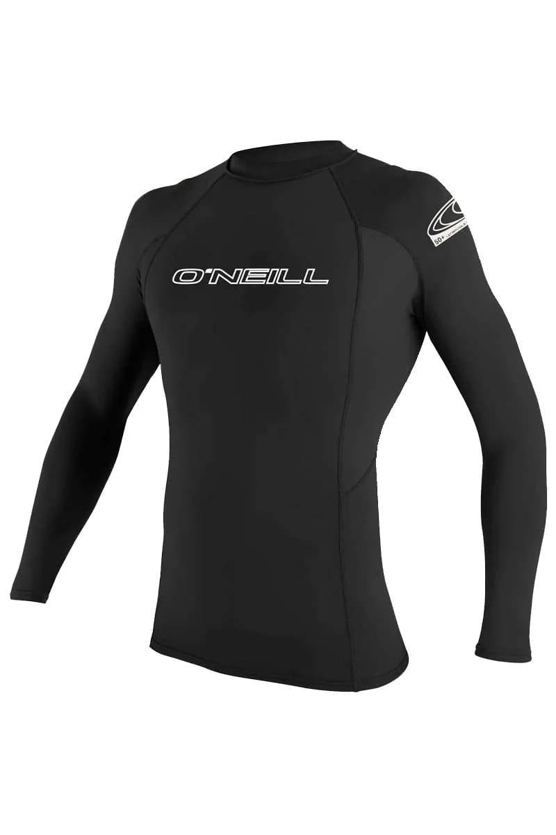 O'Neill Wetsuits Men's Basic Skins UPF 50+ Long Sleeve Rash Guard, Black, Large | UV Sun Protection for Water Sports