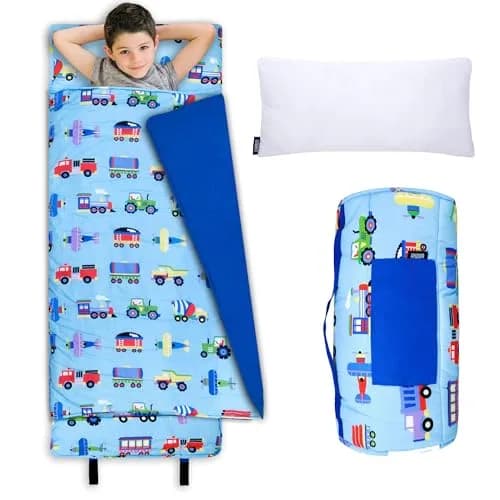 Wildkin Nap Mat with Pillow and Blanket | Preschool Rest Mat, Trains, Planes, Trucks (One Size) thumbnail 1